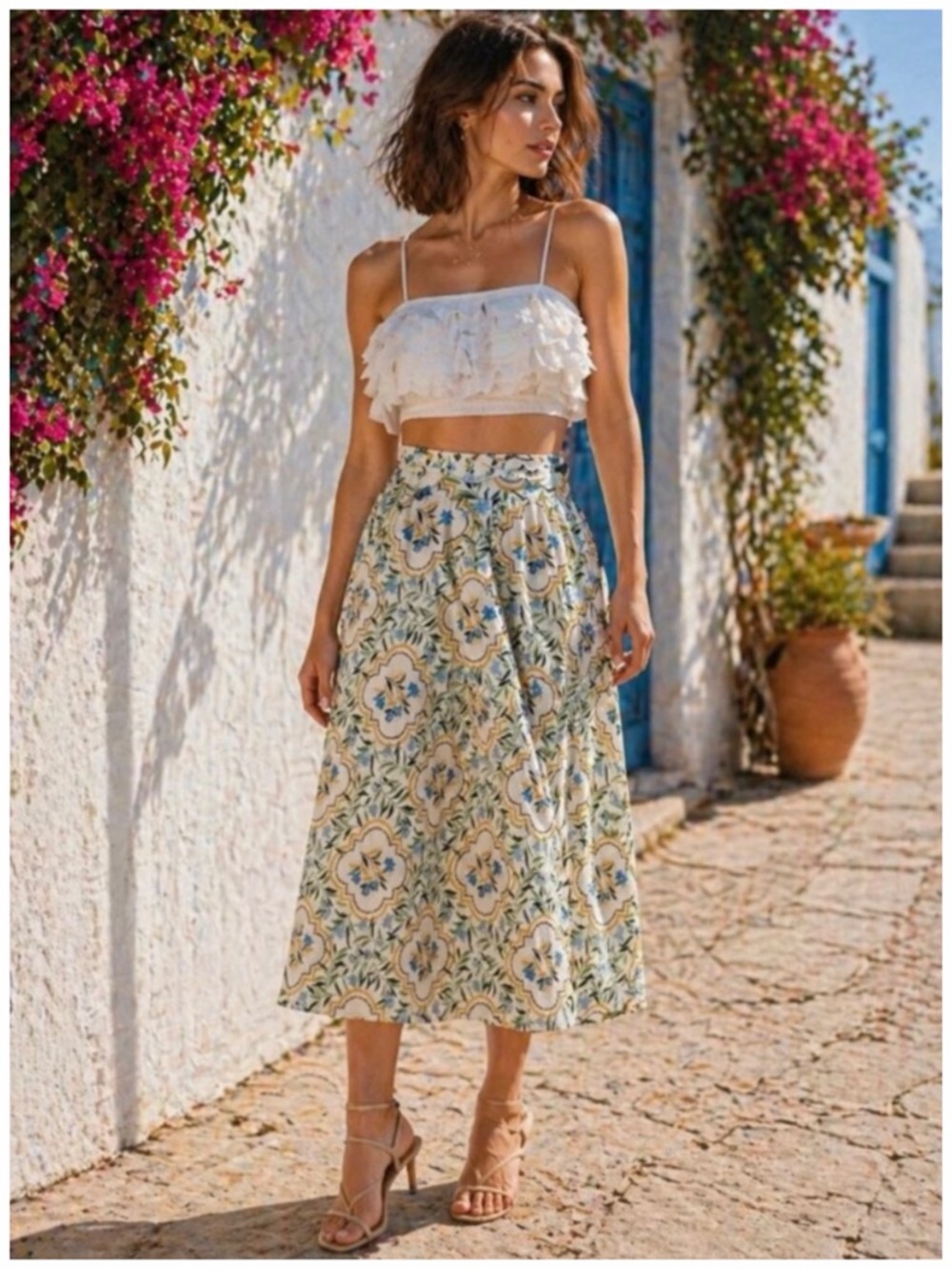 Ann Taylor Factory Quatrefoil Floral Tile-Print Pocket Midi Skirt, Cream & Blue